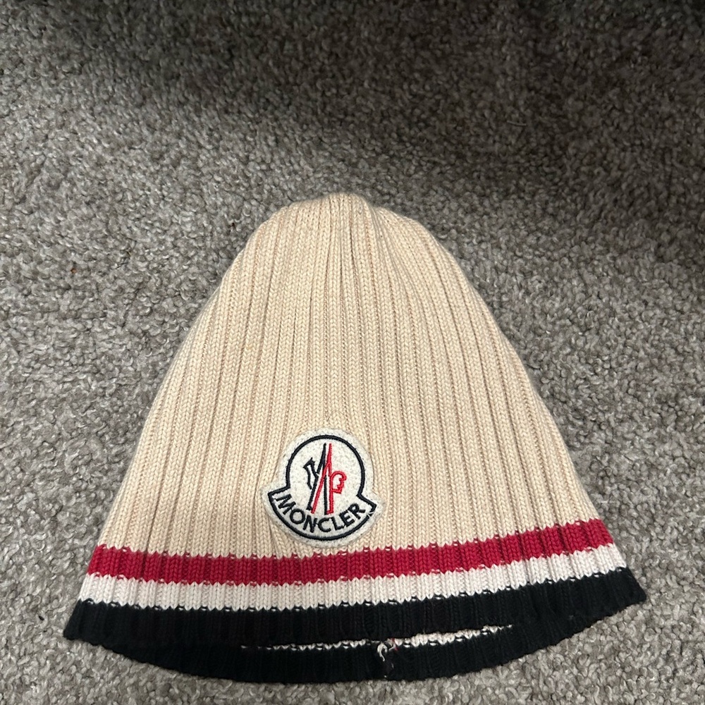 Moncler Beige Knit Beanie with Red and Black Stripes